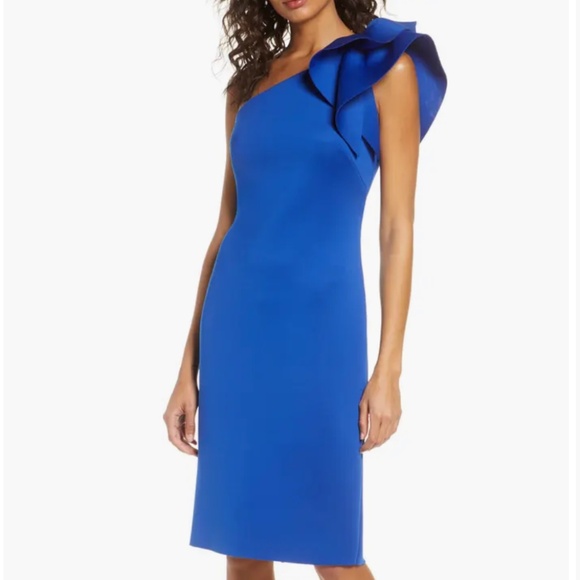 NWT Eliza J Royal Blue One Shoulder Scuba Crape Cocktail Dress Size 14 - Picture 1 of 7